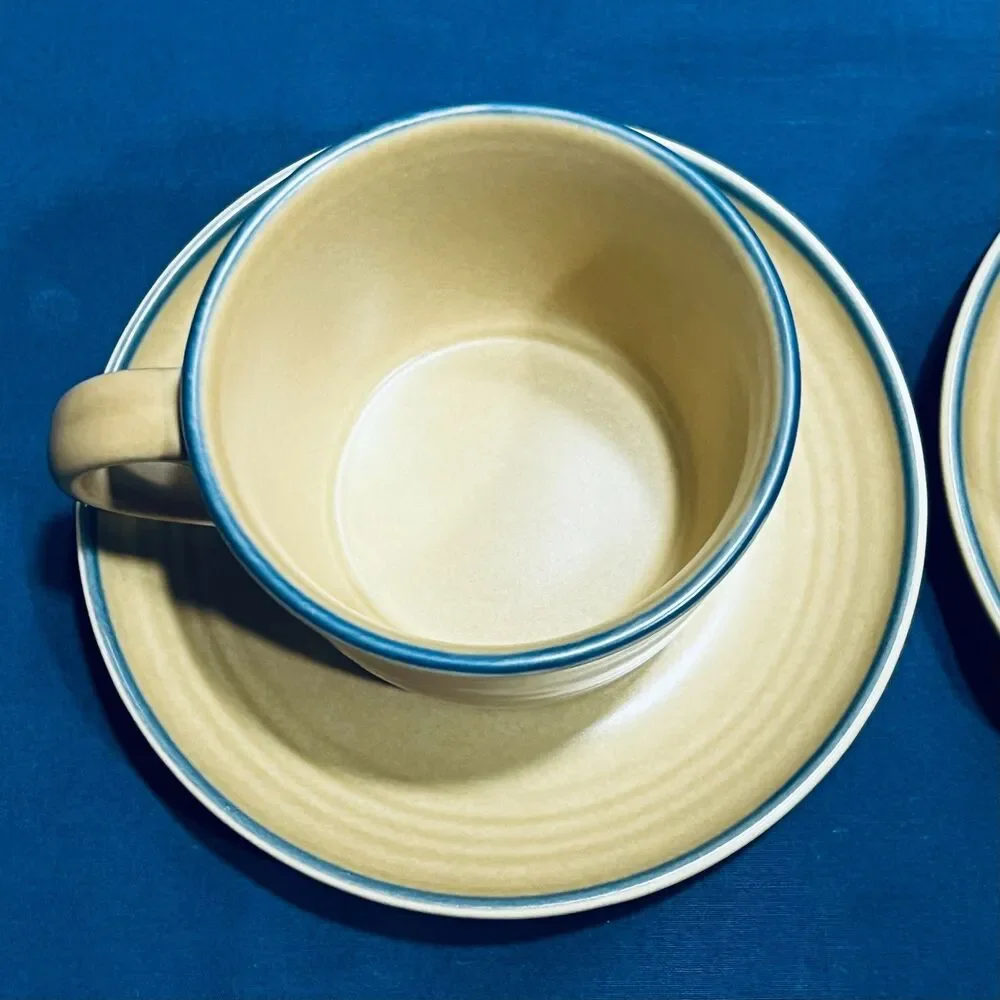Set of 2 Vintage Pfaltzgraff Folk Art Flat Cup and Saucer Tan Stoneware Blue Flo